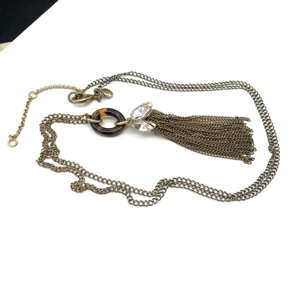 J.Crew Necklace 34" Faux Tortoise Shell Rhinestone Capped Tassel Chain Pendant - Picture 4 of 6
